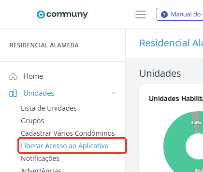 Menu Unidades com a opção Liberar Acesso ao Aplicativo