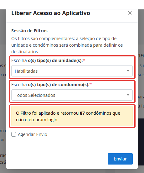 Filtros de tipo de unidade e tipo de condômino, com o aviso de quantos condôminos vão receber o e-mail