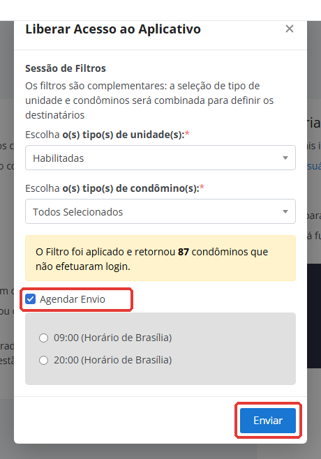 Opção Agendar Envio com os horários 09:00 e 20:00 e o botão Enviar