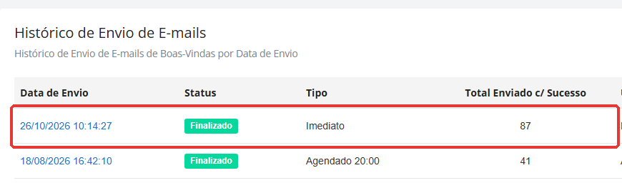Histórico de Envio de E-mails com data, status, tipo e total enviado