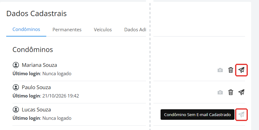 Aba Condôminos com o último login e o ícone Enviar E-mail de Boas-vindas